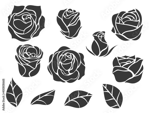 Set of roses buds and leaves in minimalistic hand drawn style. Collection monochrome flower elements isolated on white background. Vector illustration.