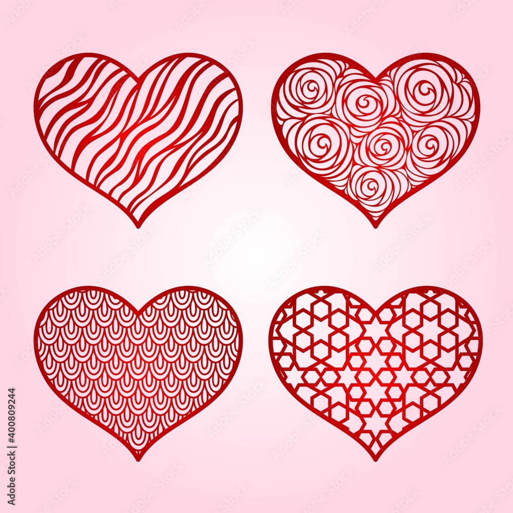 Heart. Paper cut templates with carved pattern. Valentine's Day card, wedding invitations. Vector set stencils. Decorative holidays symbol. For laser, plotter cutting, printing on t shirts. Heart. Paper cut templates with carved pattern. Valentine's Day card, wedding invitations. Vector set stencils. Decorative holidays symbol. For laser, plotter cutting, printing on t shirts.