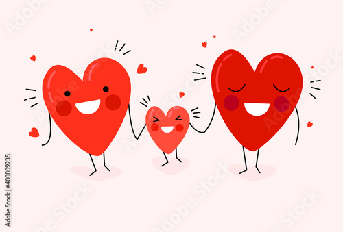 Happy Valentine's Day, love, hearts. Cute family, dad, mom with child. Parents with baby. Heart characters as symbols of love and family. Happy family day