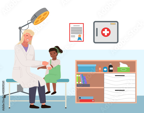 Podiatrist bandages girl s hand. Patient with sore arm in medical office. Orthopedic room concept. Orthopedist treats a child in hospital. Children s doctor works with a patient vector illustration