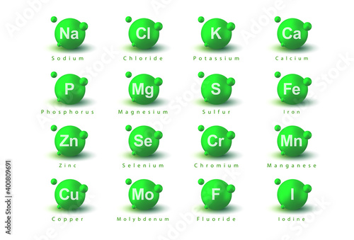 Minerals. Macrominerals and microminerals set, collection. Na, Cl, K, Ca, P, Mg, S, Fe, Zn, Se, Cr, Mn, Cu, Mo, F, I. Nutrition illustration. Dietary elements. Minerals for life. Medical background