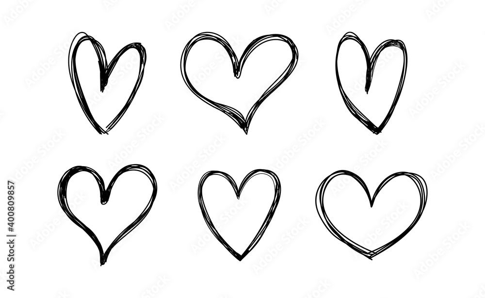 Heart doodles set. Hand drawn hearts collection. Valentine's day sketched design elements.