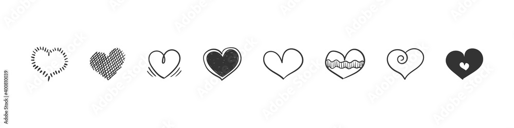 Heart icons set. Hand drawn hearts. Hand Drawn icon hearts isolated on white background. Trendy design. Vector illustration