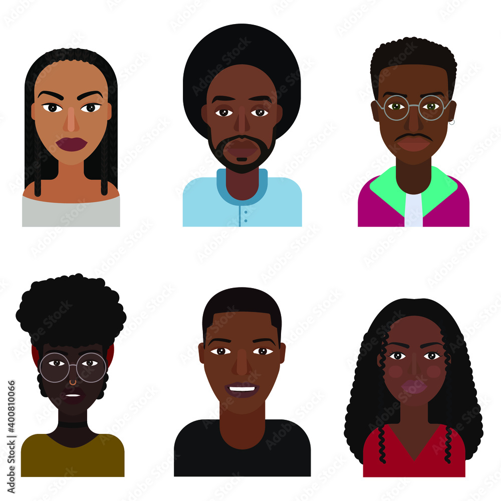 Set of six vector portraits. African people. Avatars Flat design Set of six vector portraits. African people. Avatars Flat design