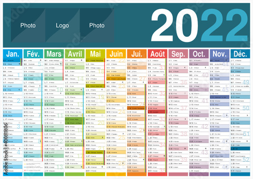 Calendrier 2022 12 mois avec vacances scolaires officielles au format A3 entièrement modifiable via calques et texte arial