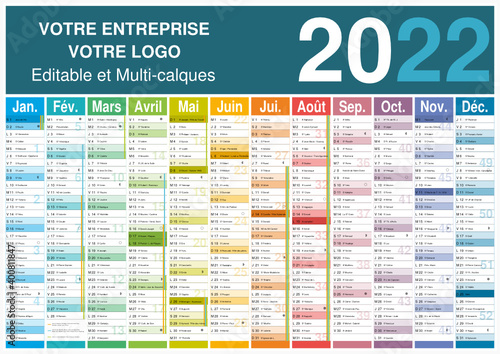Calendrier 2022 12 mois avec vacances scolaires officielles au format A3 entièrement modifiable via calques et texte arial