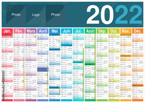 Calendrier 2022 12 mois avec vacances scolaires officielles au format A3 entièrement modifiable via calques et texte arial