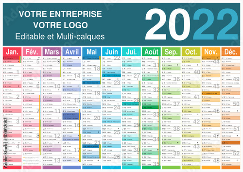 Calendrier 2022 12 mois avec vacances scolaires officielles au format A3 entièrement modifiable via calques et texte arial