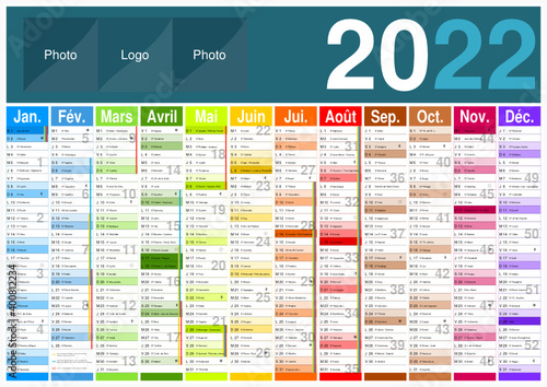 Calendrier 2022 12 mois avec vacances scolaires officielles au format A3 entièrement modifiable via calques et texte arial