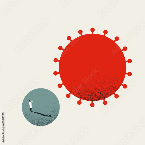 Corona virus or covid-19 research vector concept with scientist looking at virus. Medical, healthcare symbol.