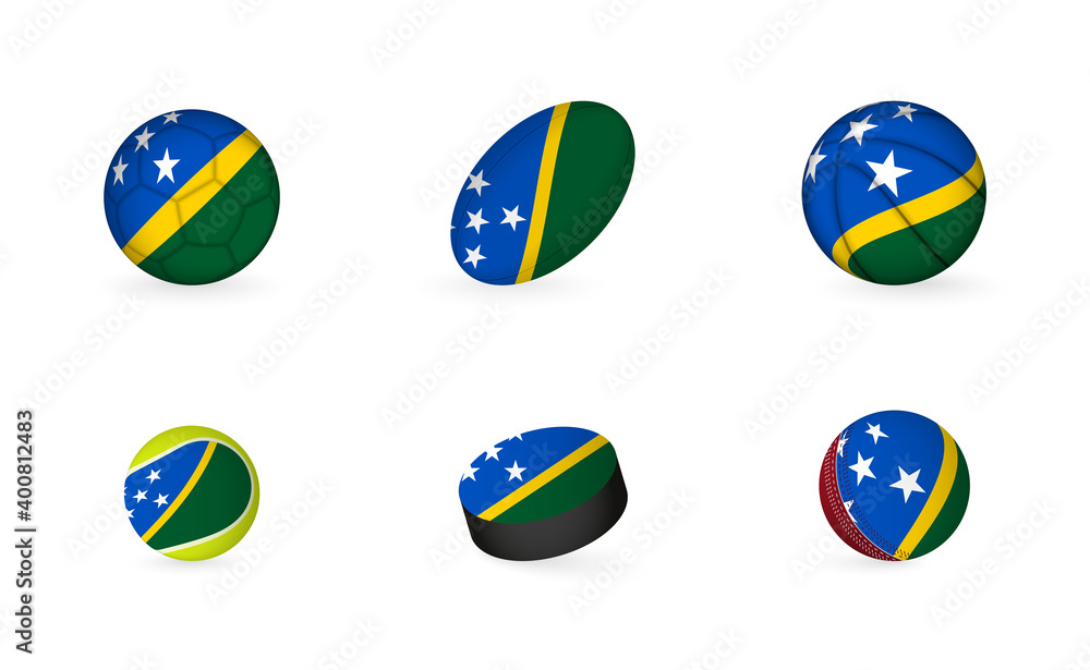 Fototapeta premium Sports equipment with flag of Solomon Islands. Sports icon set.