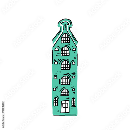 old vintage european houses. Hand drawn sketch in doodle style. Vector image, clipart, editable details. Fairytale house for stickers or children books.
