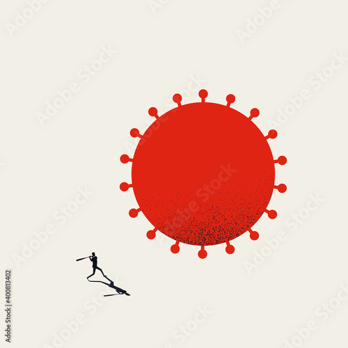 Fight against coronavirus and covid-19 vector concept. Man hits with baseball bat. Medical illustration.