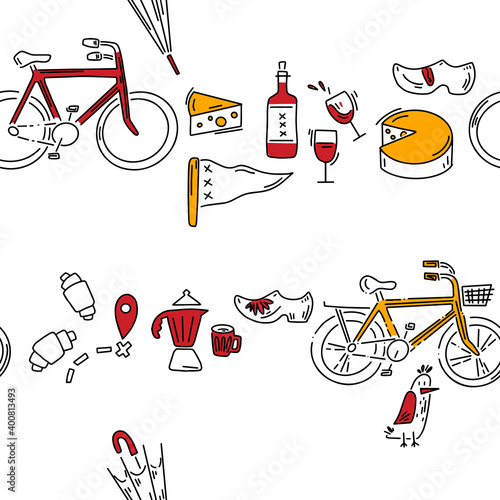 Doodle pattern with cheese, wine, klomps and other other tourist stuff. Hand drawn pattern in doodle style. Vector image, clipart, editable details.