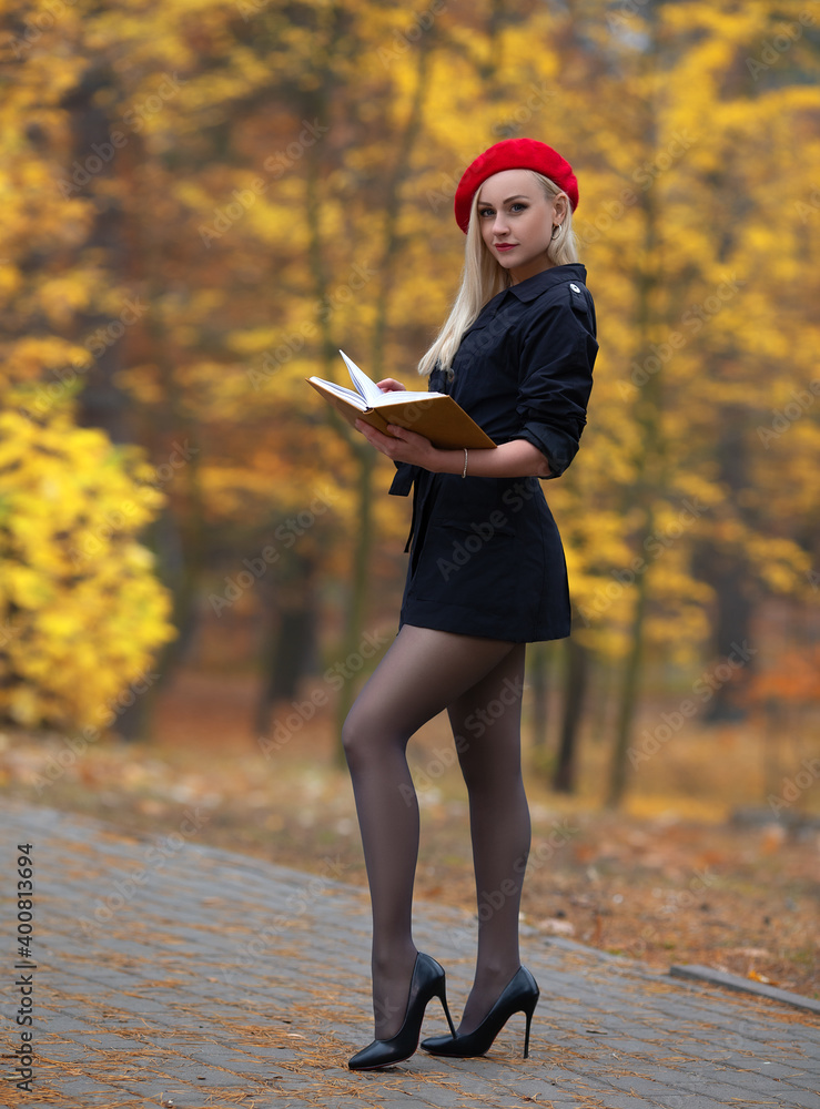 Beautiful Blonde Girl Perfect Legs Blue Blouse Posing Outdoor
