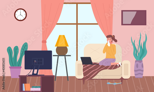 Female character having a cold and sitting on the sofa. Girl with a runny nose is watching tv. Woman with handkerchief sneezes. Self-isolation patient is being treated for flu with medicines at home
