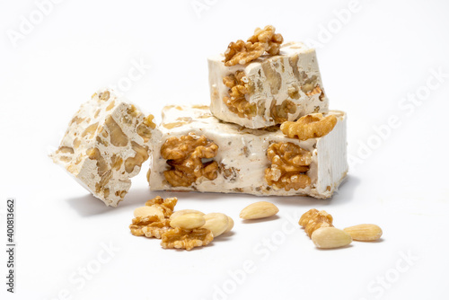 Pieces of nougat isolated on a  hite background
