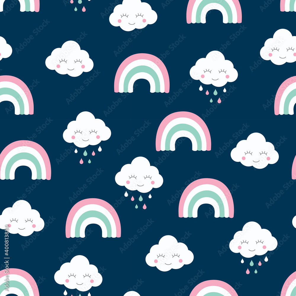 Clouds and rainbow colorful seamless pattern. Kids and baby design for print and fabric. Clouds and rainbow colorful seamless pattern. Kids and baby design for print and fabric.