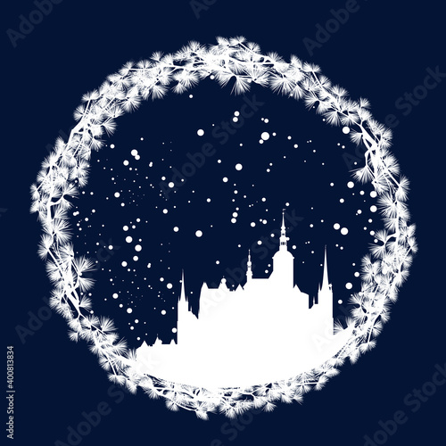 fairy tale royal castle with falling snow in circle pine tree branches frame - winter season vector silhouette design