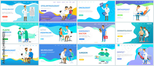 Set of illustrations about providing medical services online. Paid program for patients. Online treatment and consultations with specialists. App for communication with doctors landing page template