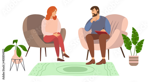 Man and woman are sitting on armchairs. Couple of people is speaking and spending time together. A bearded man with notebook. Red-haired female character in consultation with a psychotherapist