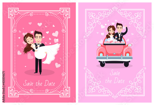 Save the date holiday pink card decorated by frame, couple standing in car with flowers, groom holding bride, woman in white dress and man in suit vector