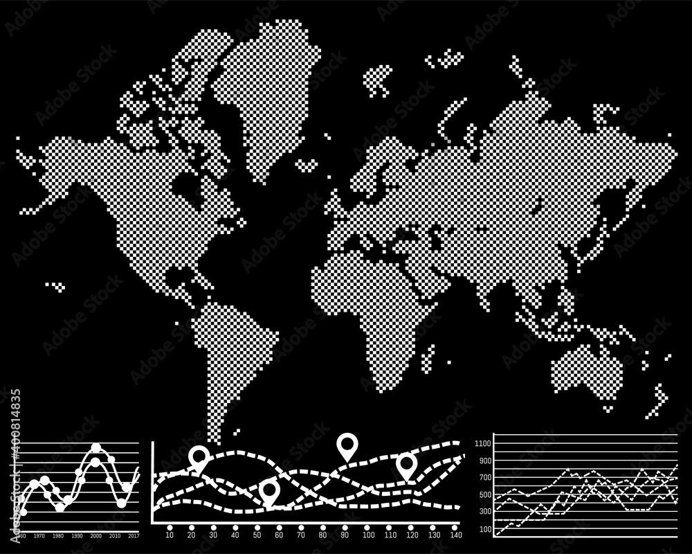 Dotted white World map on dark background. Gray pixel map of the Earth ...