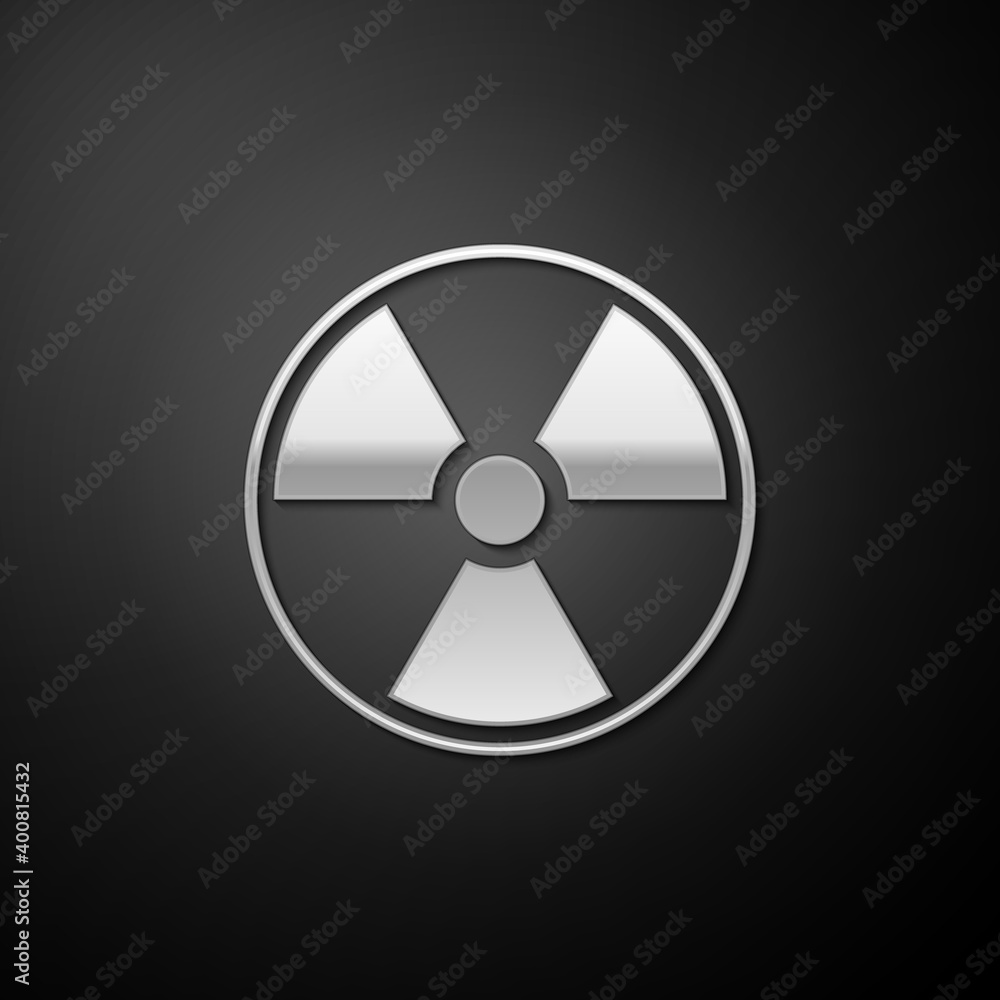Silver Radioactive icon isolated on black background. Radioactive toxic symbol. Radiation Hazard sign. Long shadow style. Vector. Silver Radioactive icon isolated on black background. Radioactive toxic symbol. Radiation Hazard sign. Long shadow style. Vector.