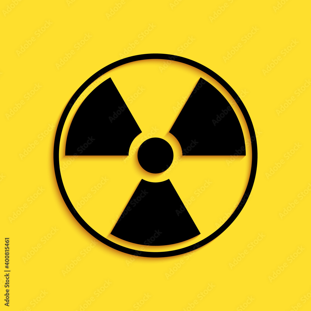Black Radioactive icon isolated on yellow background. Radioactive toxic symbol. Radiation Hazard sign. Long shadow style. Vector. Black Radioactive icon isolated on yellow background. Radioactive toxic symbol. Radiation Hazard sign. Long shadow style. Vector.