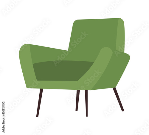 Comfortable green upholstered in cloth isolated on white background. Furniture for interior design flat vector illustration. Interior item on wooden legs. Furniture model made of wood for sitting