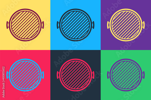 Pop art Barbecue grill icon isolated on color background. Top view of BBQ grill. Vector.
