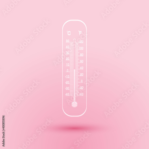 Paper cut Celsius and fahrenheit meteorology thermometers measuring icon isolated on pink background. Thermometer equipment showing hot or cold weather. Paper art style. Vector.