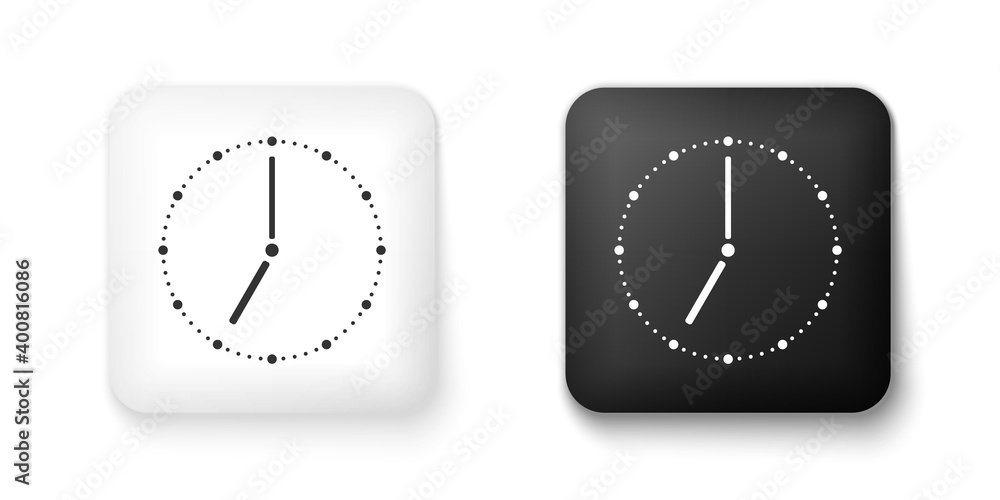 Black and white Clock icon isolated on white background. Time symbol. Square button. Vector.