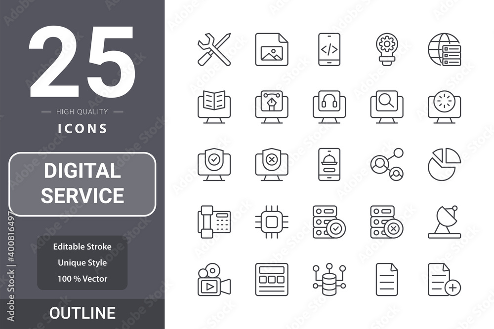 Digital Service icon pack for your web site design, logo, app, UI. Digital Service icon outline design. Vector graphics illustration and editable stroke. EPS 10.