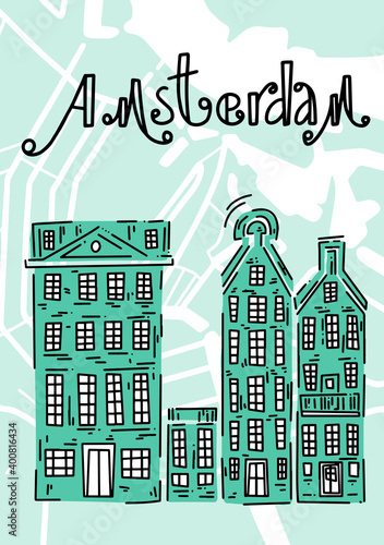 Poster with traditional European houses. Doodle illustration. Greetings from Amsterdam. Amsterdam vector elements set. Travel and Tourism Concept. Travel poster, postcard and advertising design.