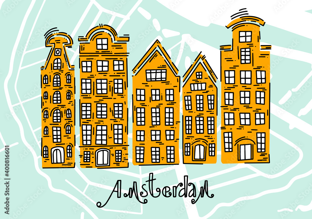 Poster with traditional European houses. Doodle illustration. Greetings from Amsterdam. Amsterdam vector elements set. Travel and Tourism Concept. Travel poster, postcard and advertising design.