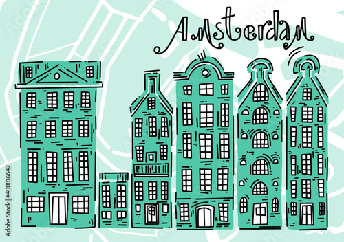 Poster with traditional European houses. Doodle illustration. Greetings from Amsterdam. Amsterdam vector elements set. Travel and Tourism Concept. Travel poster, postcard and advertising design.
