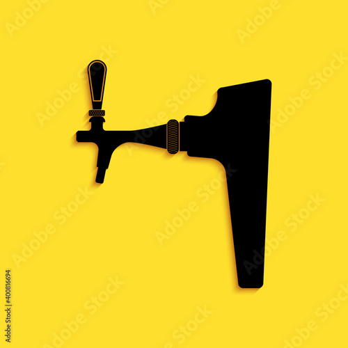 Black Beer tap icon isolated on yellow background. Long shadow style. Vector.