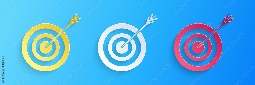 Paper cut Target with arrow icon isolated on blue background. Dart board sign. Archery board icon. Dartboard sign. Business goal concept. Paper art style. Vector. Paper cut Target with arrow icon isolated on blue background. Dart board sign. Archery board icon. Dartboard sign. Business goal concept. Paper art style. Vector.