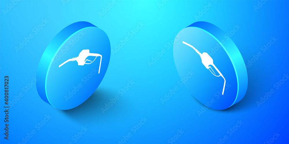 Isometric Gasoline pump nozzle icon isolated on blue background. Fuel pump petrol station. Refuel service sign. Gas station icon. Blue circle button. Vector. Isometric Gasoline pump nozzle icon isolated on blue background. Fuel pump petrol station. Refuel service sign. Gas station icon. Blue circle button. Vector.