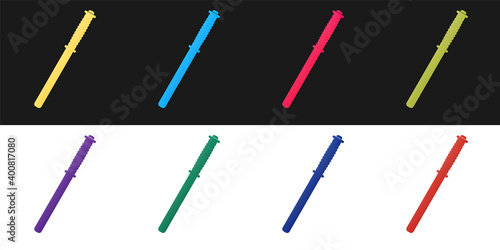 Set Police rubber baton icon isolated on black and white background. Rubber truncheon. Police Bat. Police equipment. Vector.