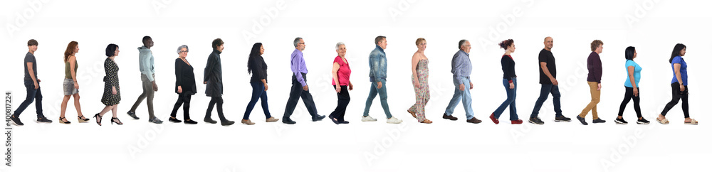 Obraz premium large group of mixed people walking on white background