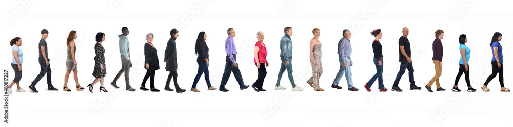 Obraz premium large group of mixed people walking on white background