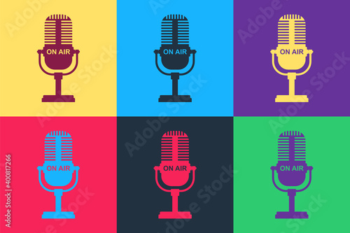 Pop art Microphone icon isolated on color background. On air radio mic microphone. Speaker sign. Vector.