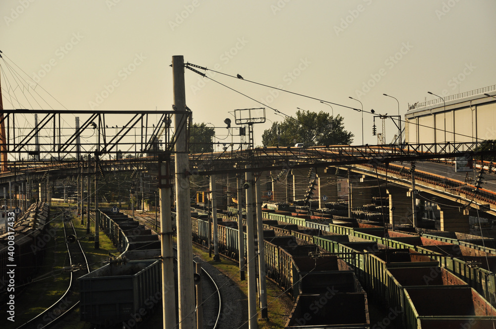 Railway with wagons on rails near the port