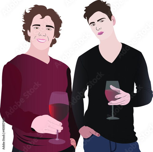 Loving gay couple in restaurant, drinking rose wine, celebrating anniversary on valentine day. Homosexual lovers having romantic date. Flat cartoon vector isolated illustration.