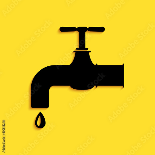 Black Water tap with a falling water drop icon isolated on yellow background. Long shadow style. Vector.