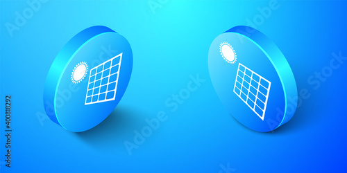 Isometric Solar energy panel and sun icon isolated on blue background. Blue circle button. Vector.