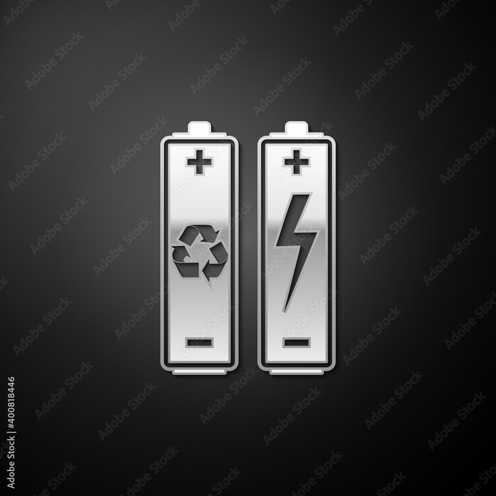 Silver Battery with recycle symbol - renewable energy concept icon isolated on black background. Long shadow style. Vector. Silver Battery with recycle symbol - renewable energy concept icon isolated on black background. Long shadow style. Vector.