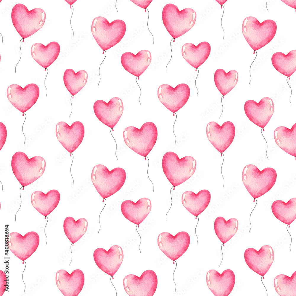 Watercolor seamless pattern with heart shaped balloons pink color isolated on white background. Watercolor seamless pattern with heart shaped balloons pink color isolated on white background.